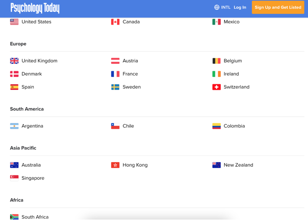 Image Description: Small flag icons, organized by continent, show the list of international databases available for search. These are United States, Canada, Mexico, United Kingdom, Austria, Belgium, Denmark, France, Ireland, Spain, Sweden, Switzerland, Argentina, Chile, Colombia, Australia, Hong Kong, New Zealand, Singapore, and South Africa.